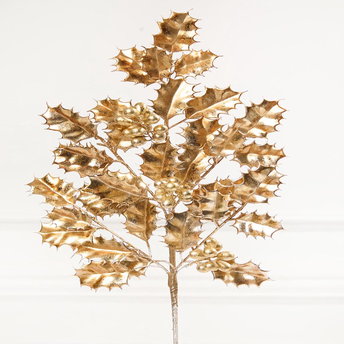 27 Inch Antique Gold Metallic Holly Berry Stem