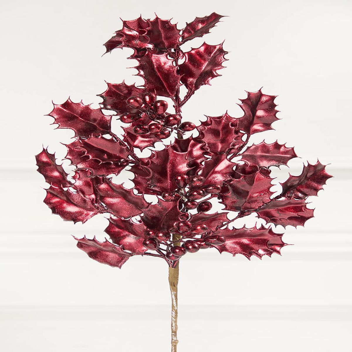 27 Inch Burgundy Metallic Holly Berry Stem