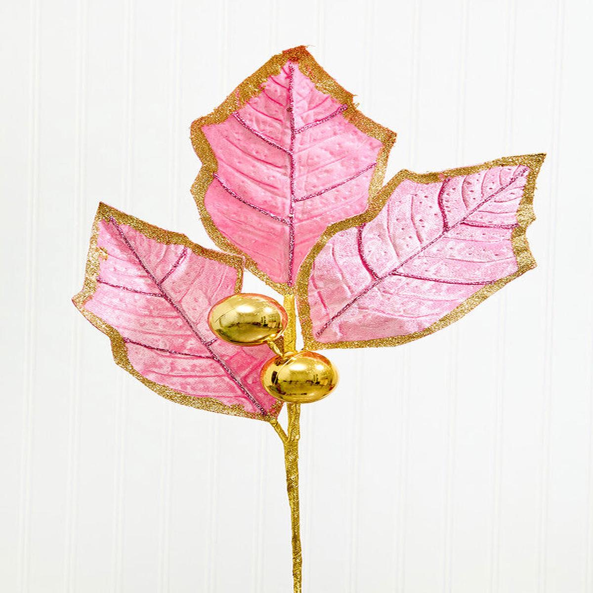 Pink Gold Holly Leaves Spray 30 Inch Christmas Decor