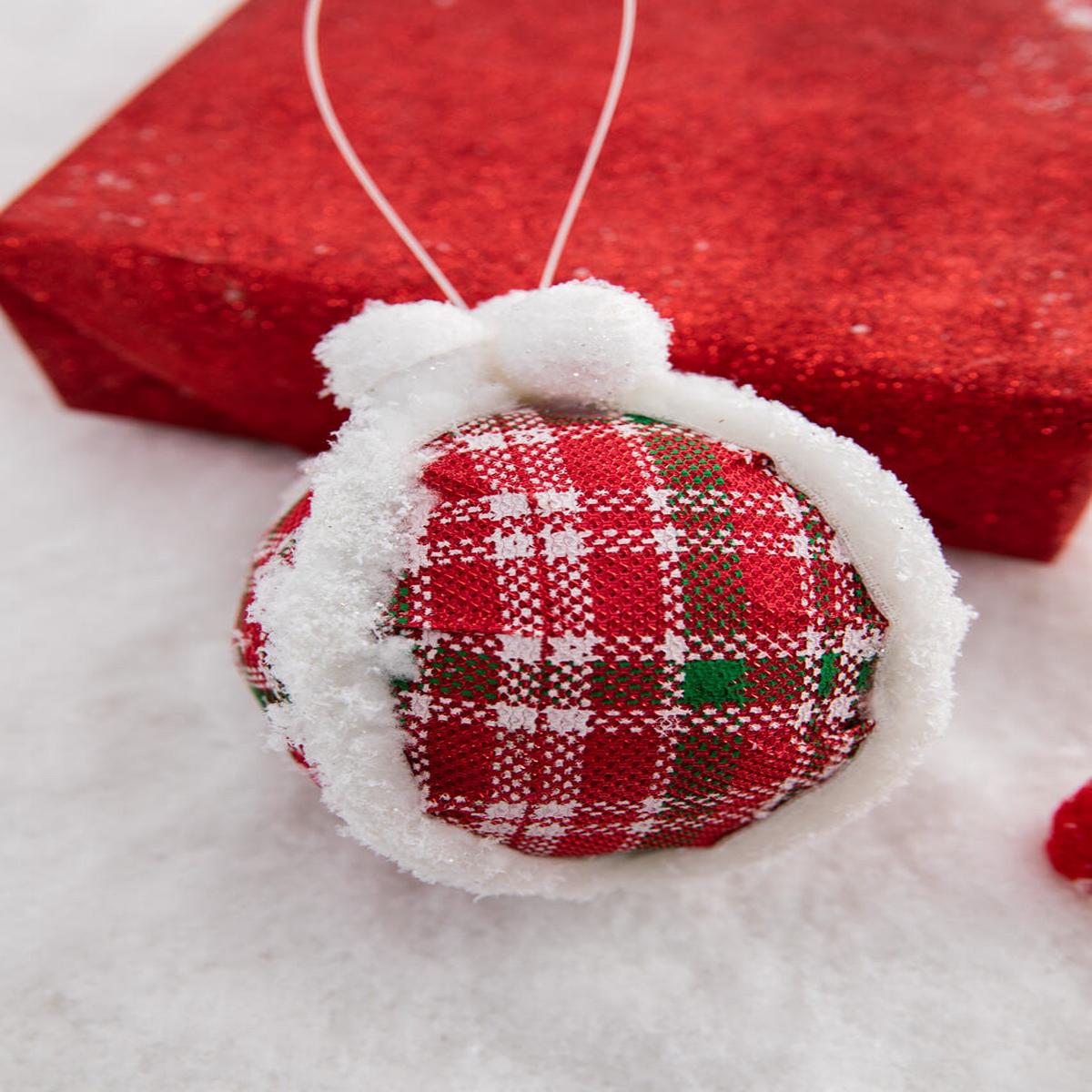 Plaid Ball Ornament with Fur Edge 5 Inch Cozy Christmas Decor