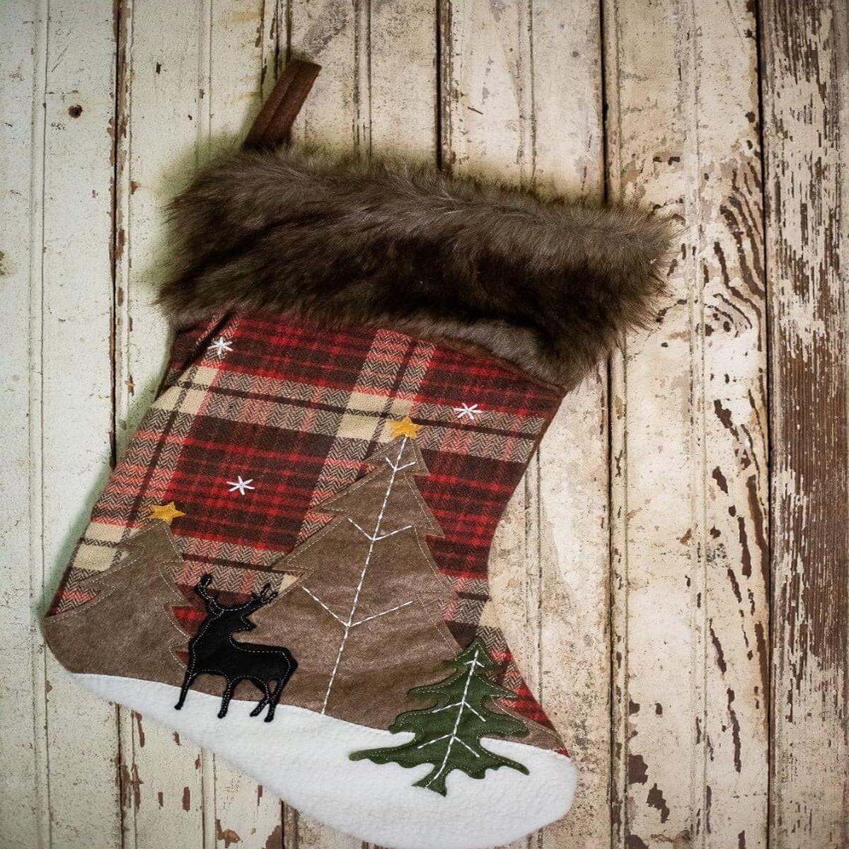 Plaid Deer Christmas Stocking 20 Inch Faux Fur Cuff Rustic Decor
