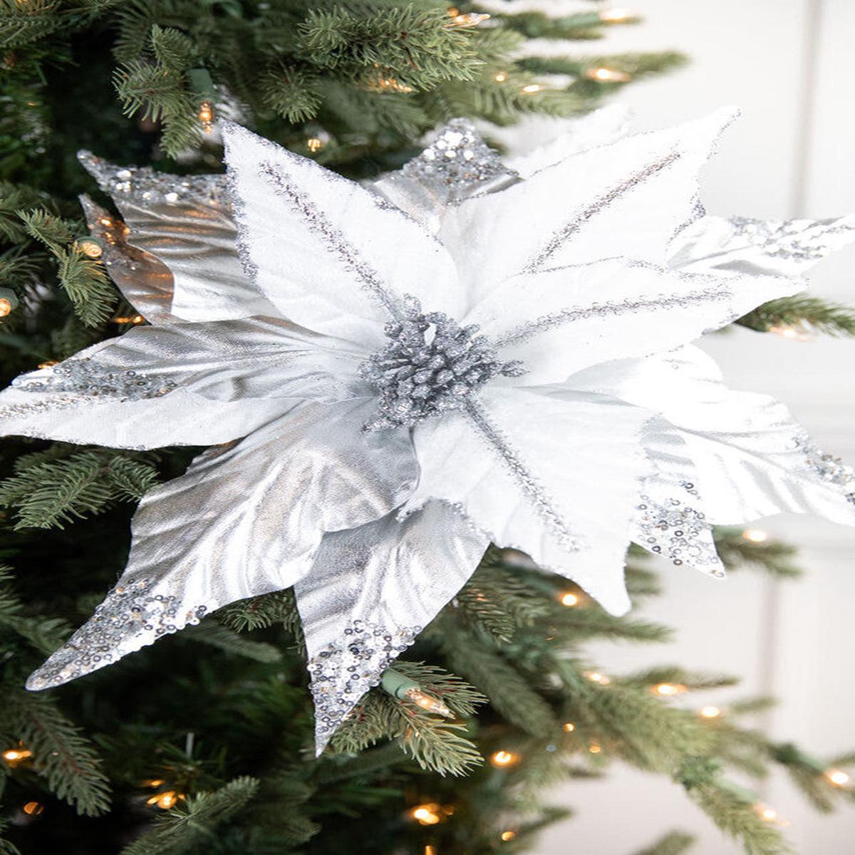 Silver & White Sequin Glitter Poinsettia 31 Inch White Christmas
