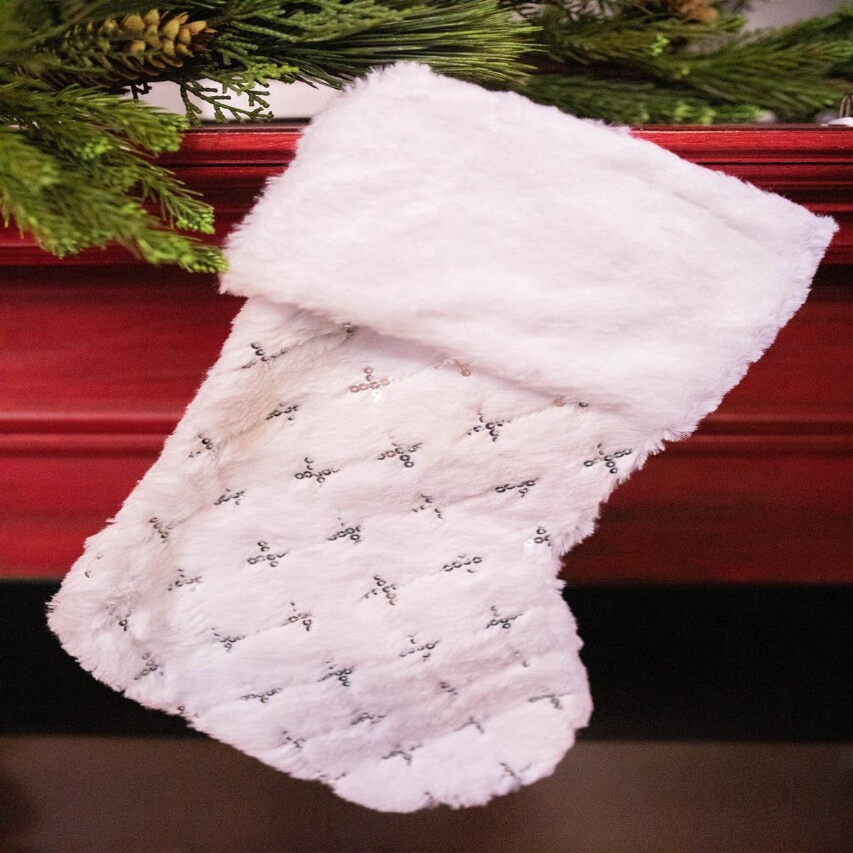 White Fur Christmas Stocking 20 Inch Silver Accent Holiday Decor