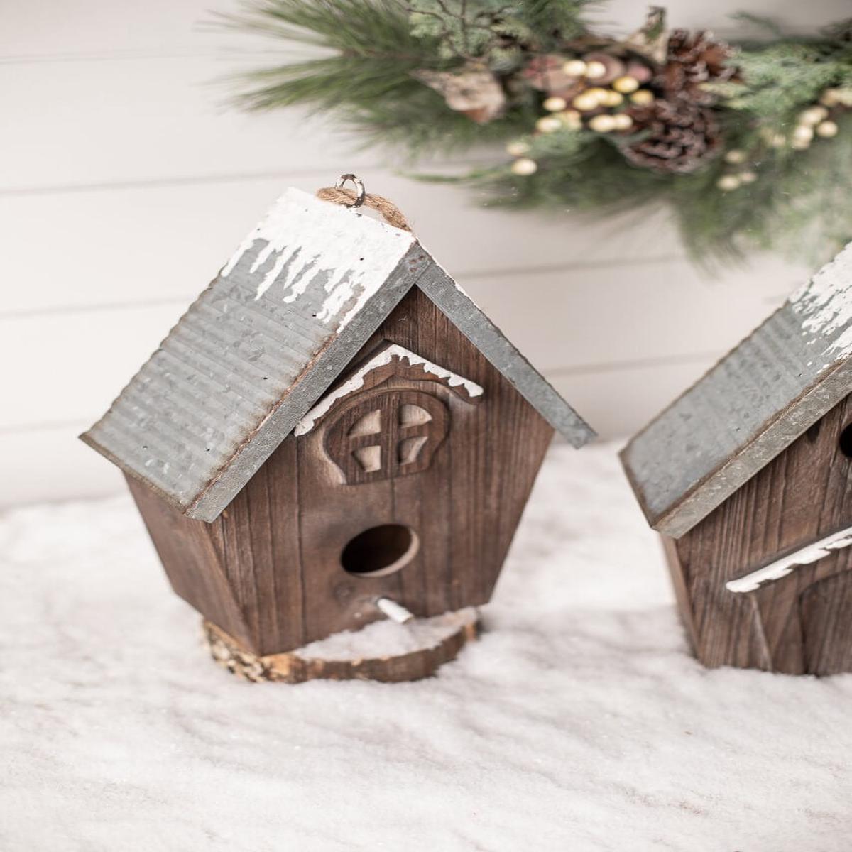 Wood & Galvanized Metal Birdhouse Rustic Woodland Holiday Dcor Accent