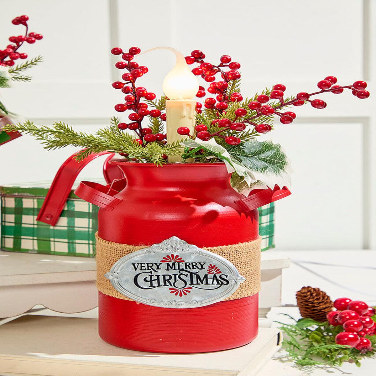 12 Inchi Lighted Metal Milk Can with Pine & Berry Arrangement Rustic Holiday Dcor