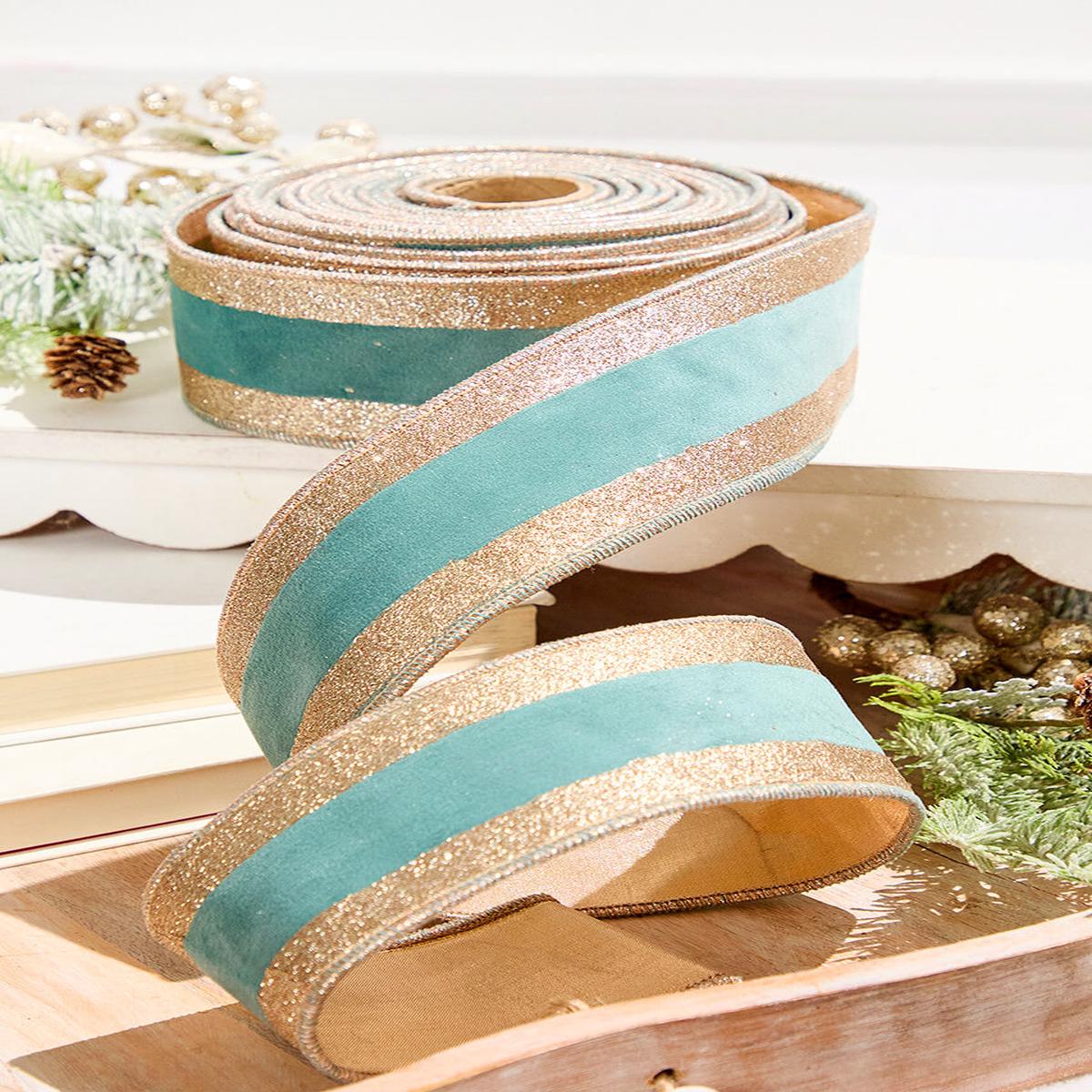 2.5 Inch x 10 Yard Celadon and Rose Gold Striped Christmas Ribbon Luxury Holiday Dcor