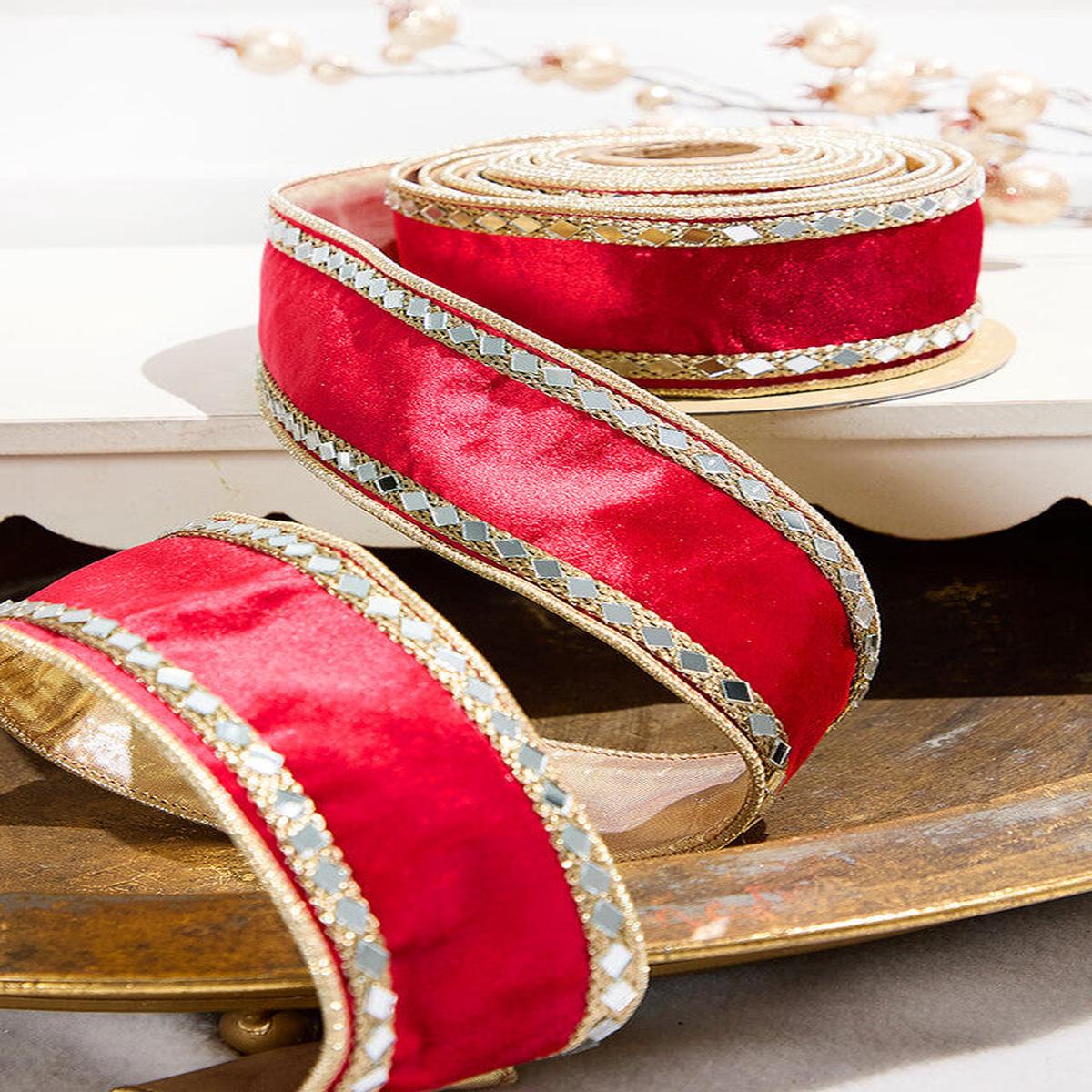 2.5 Inch x 5 Yard Red Dupion with Gold Sequin Trim Ribbon Luxury Christmas Decorative Accent
