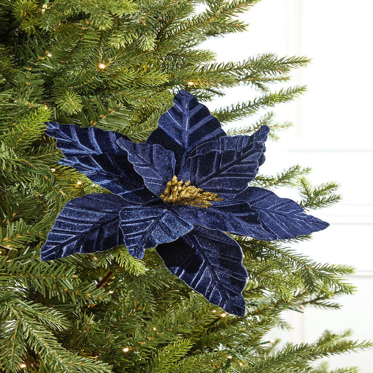 24 Inch Midnight Blue Velvet with Glitter Center Poinsettia Stem  Luxurious Jewel-Tone Holiday Elegance