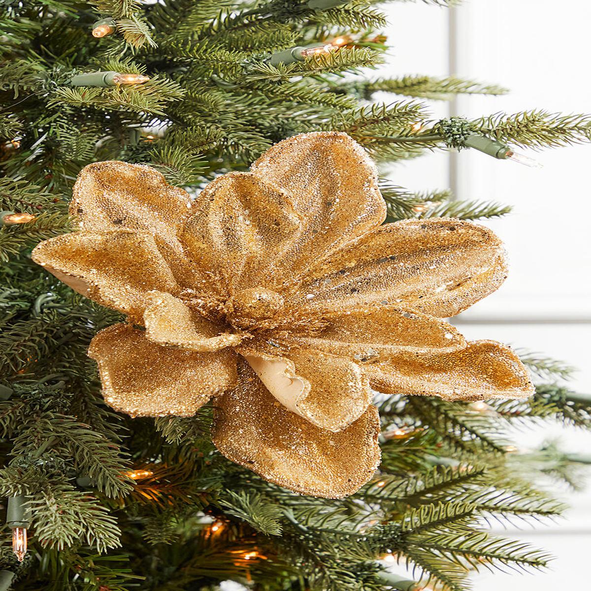 24 x 10 Gold Micro Beaded Sequins Magnolia Stem Christmas Floral Pick