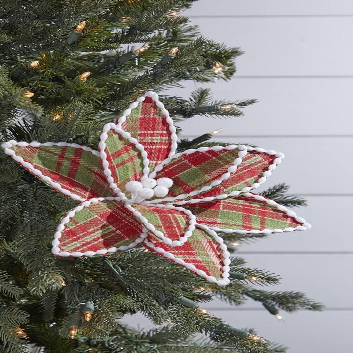 Red Green Plaid Poinsettia Pick 19 Inch Farmhouse Christmas Decor