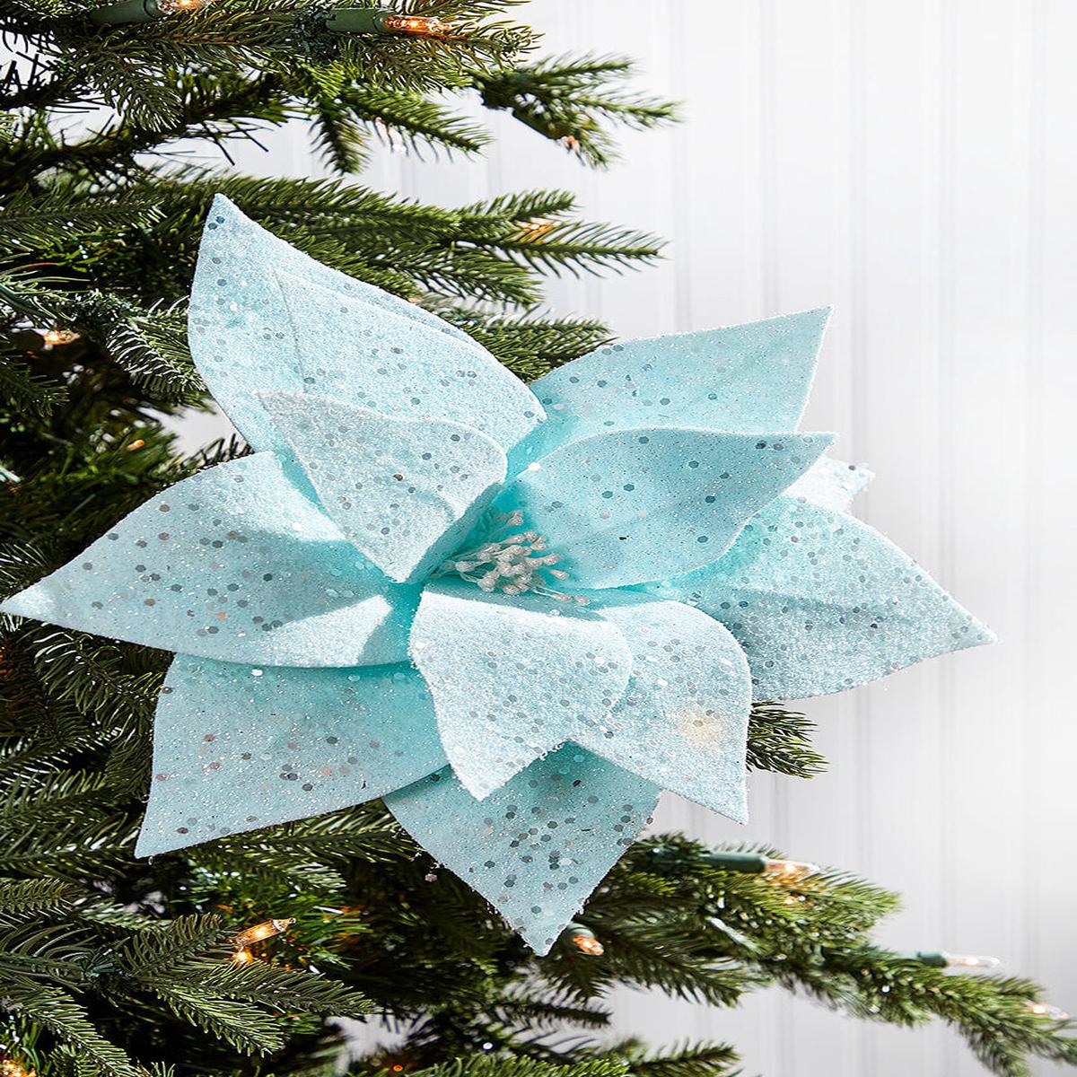 Teal Sparkle Frosted Poinsettia Stem 22 Inch Christmas Decor