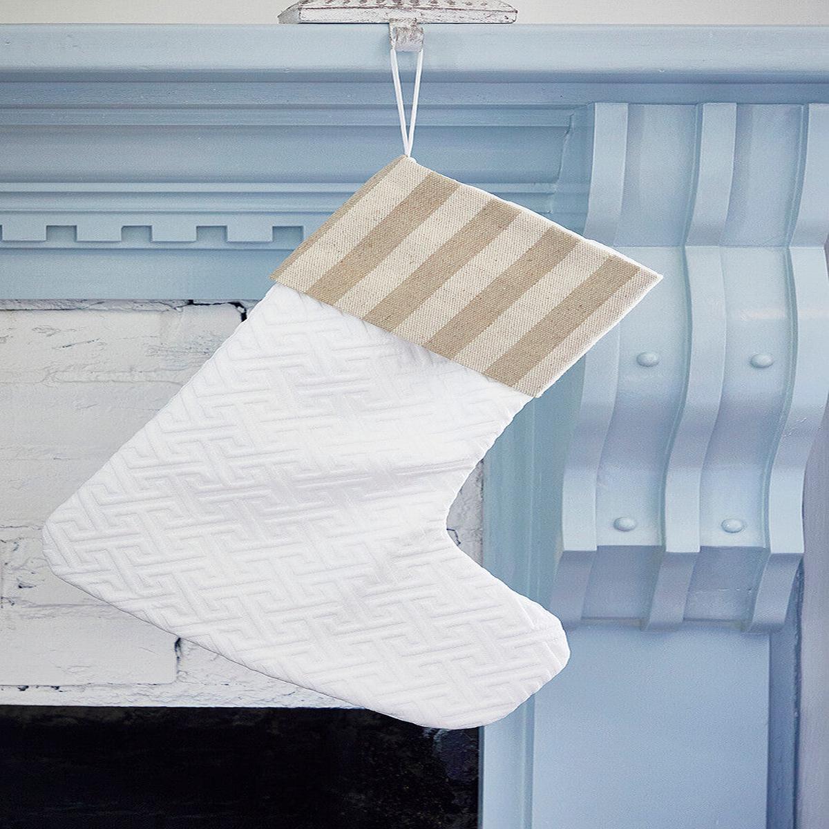 White Quilted Stocking with Stripes Christmas Hanging Holiday Decor