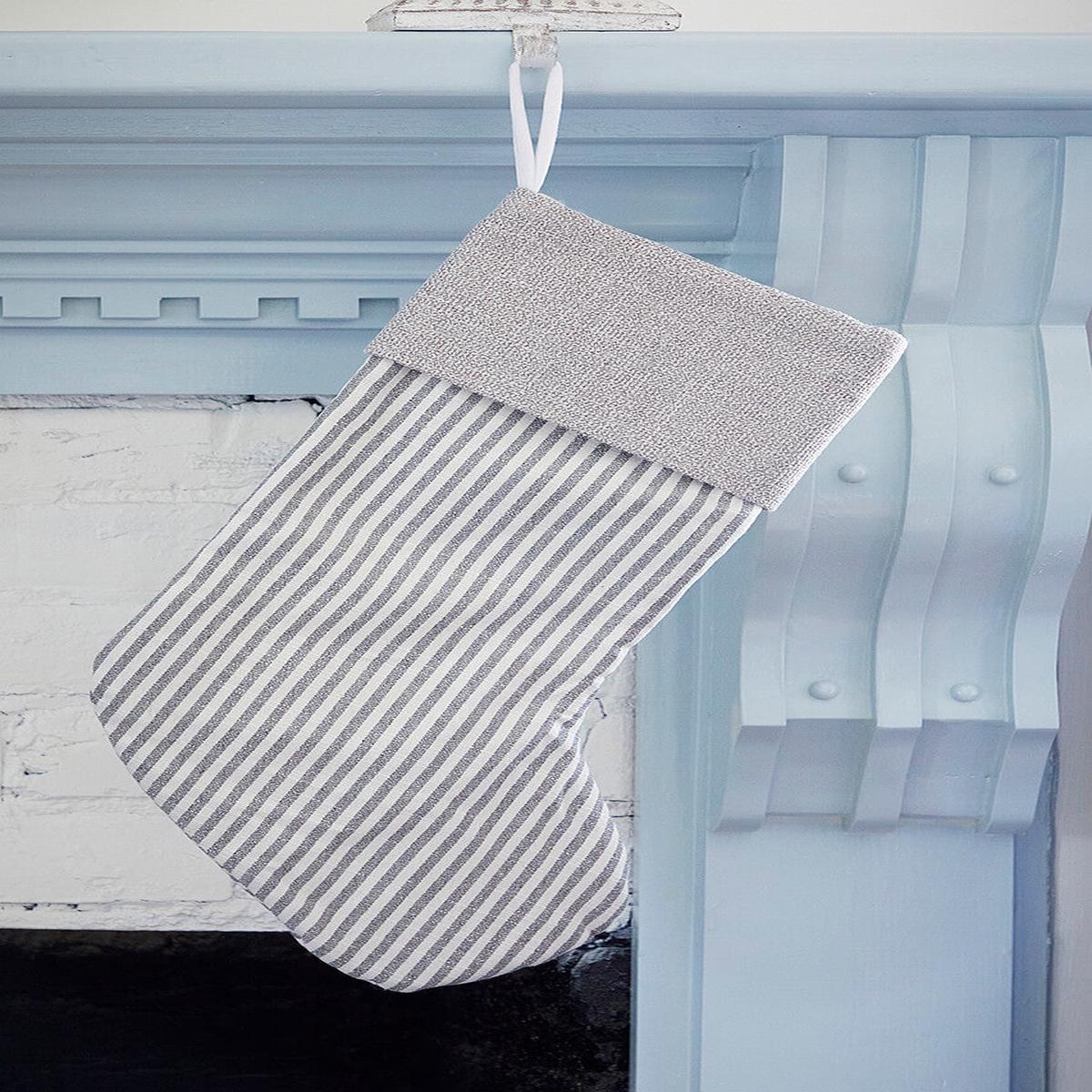 White Stocking with Gray Stripes Christmas Hanging Holiday Decor