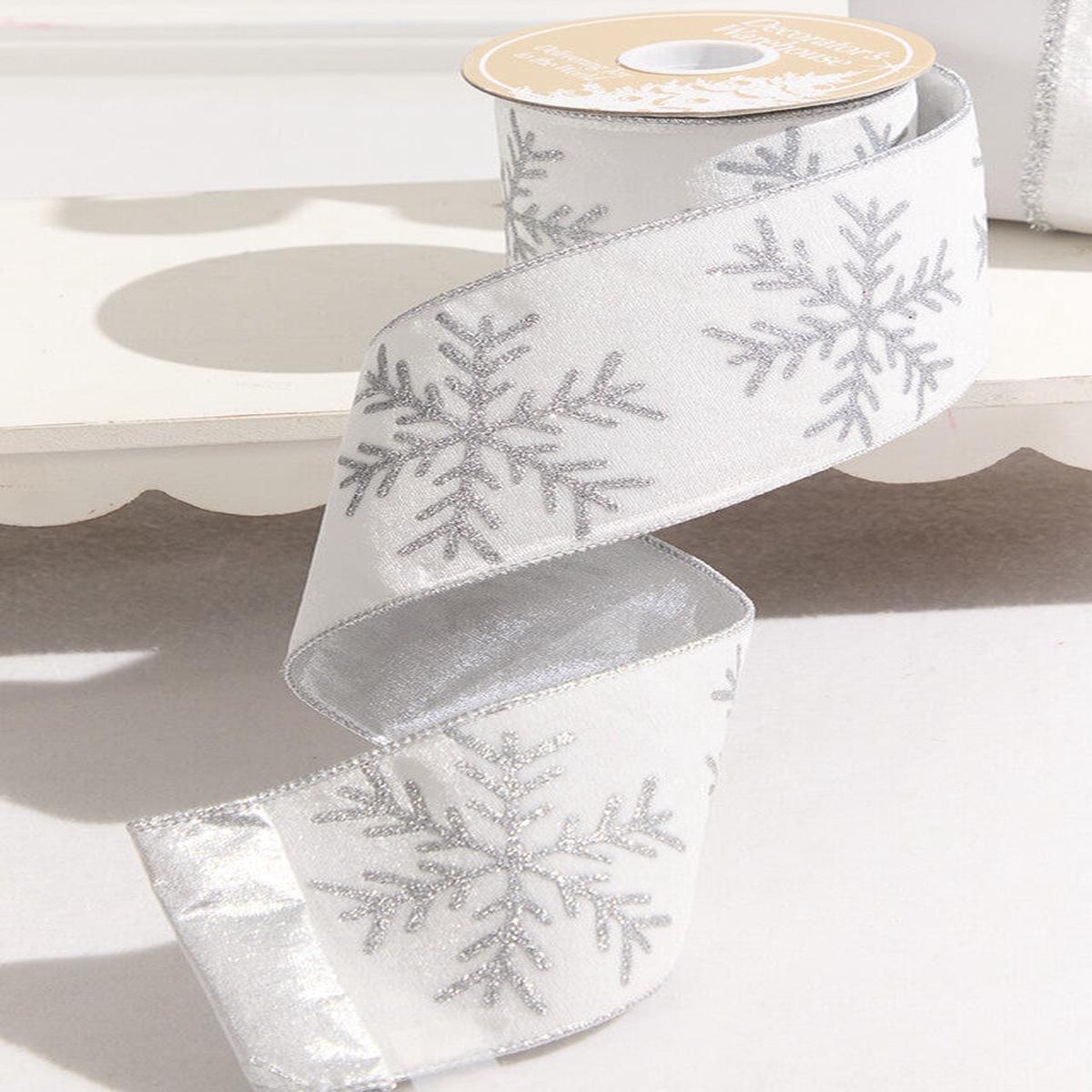 White Velvet Silver Snowflake Ribbon 4Inch x 10 Yard