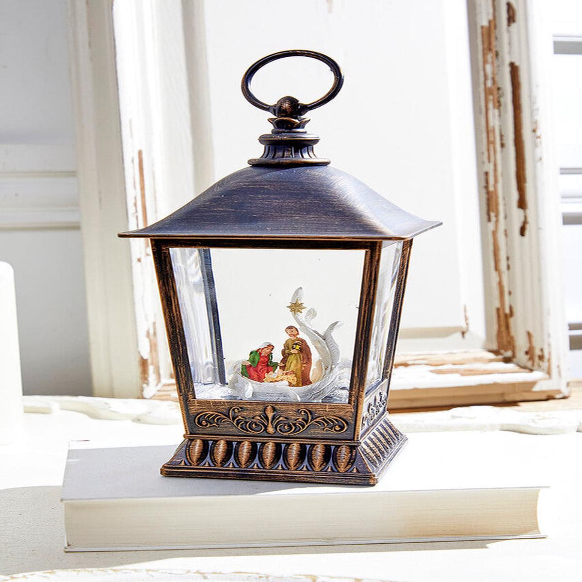 10 Inch Nativity Lantern Water Globe LED Christmas Tabletop Decor Battery or USB Operated Holiday Scene