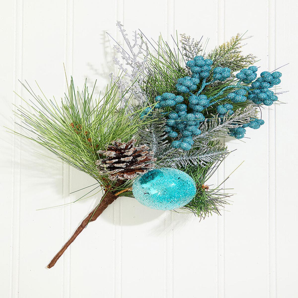 14.5 Inch Aqua Glitter Pine Cone Ornament Spray Decorative Christmas Pick