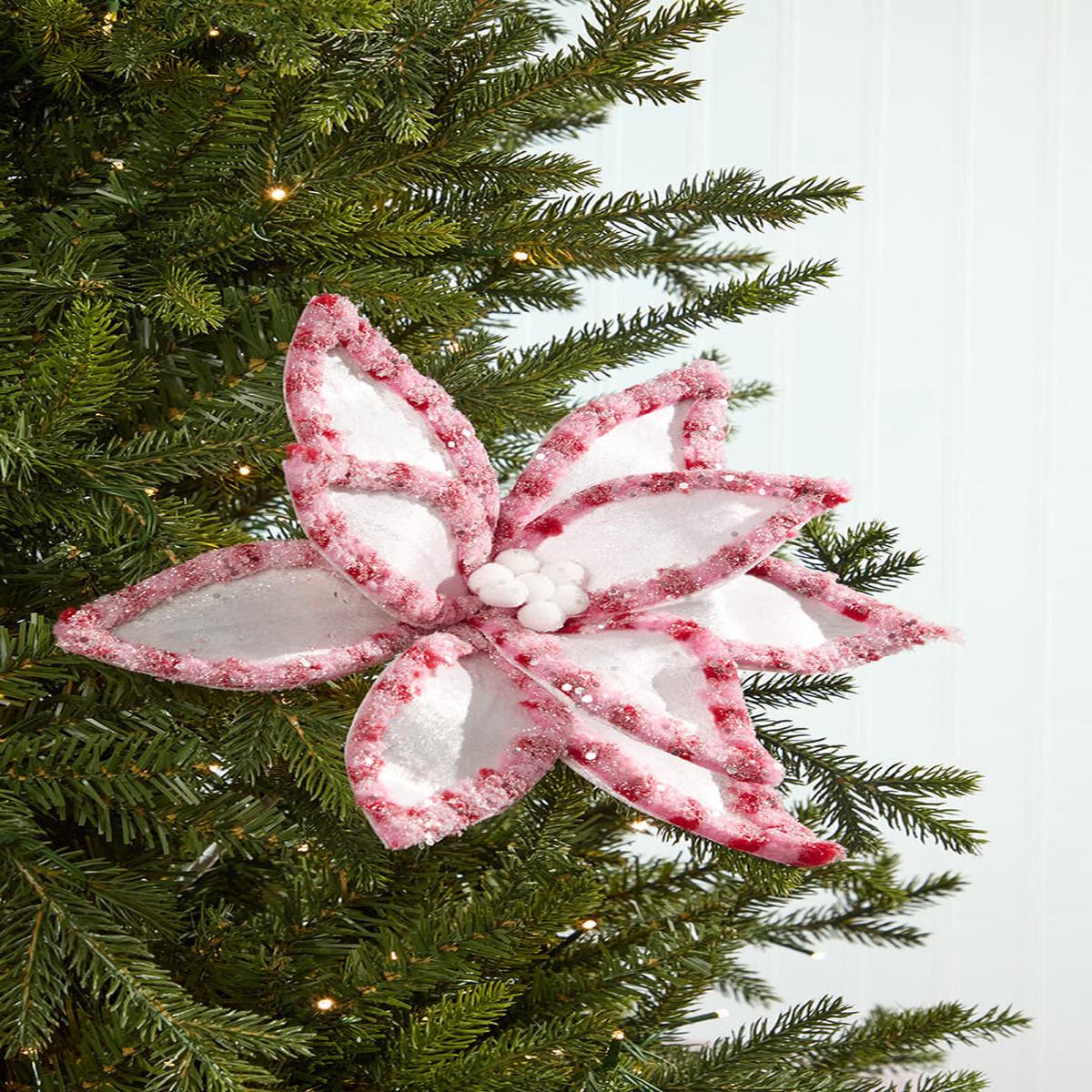 22 Inch Pink & White Candy with Snowglitter Poinsettia Stem