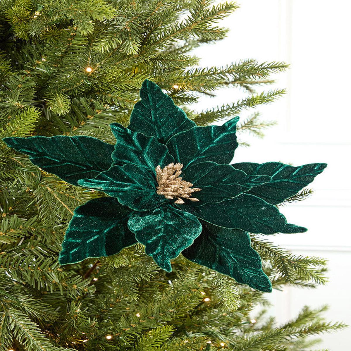 24 Inch Emerald Velvet Glitter Poinsettia Stem  Jewel-Tone Holiday Elegance with Festive Sparkle