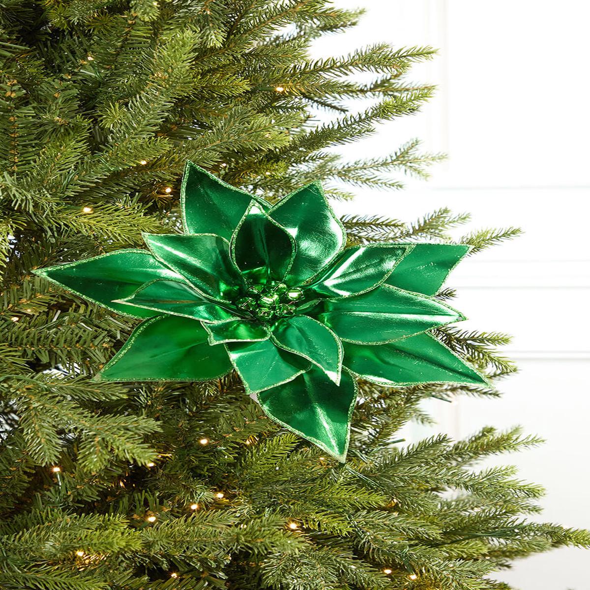 24 Inch Green Retro Poinsettia Stem with Jingle Bells  Vintage Holiday Charm with Festive Sound