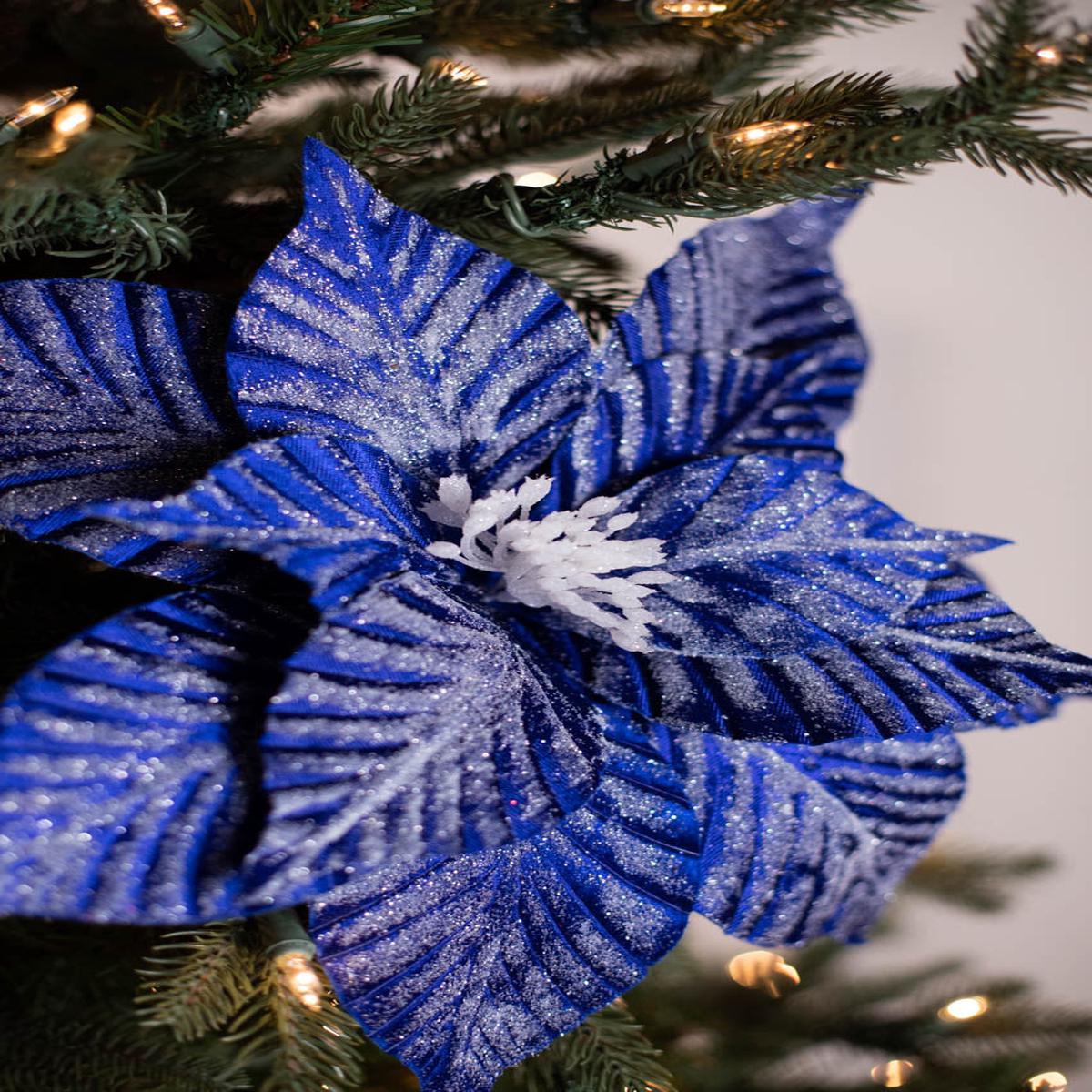 24 Inch x 14 Inch Iced Blue Poinsettia Stem