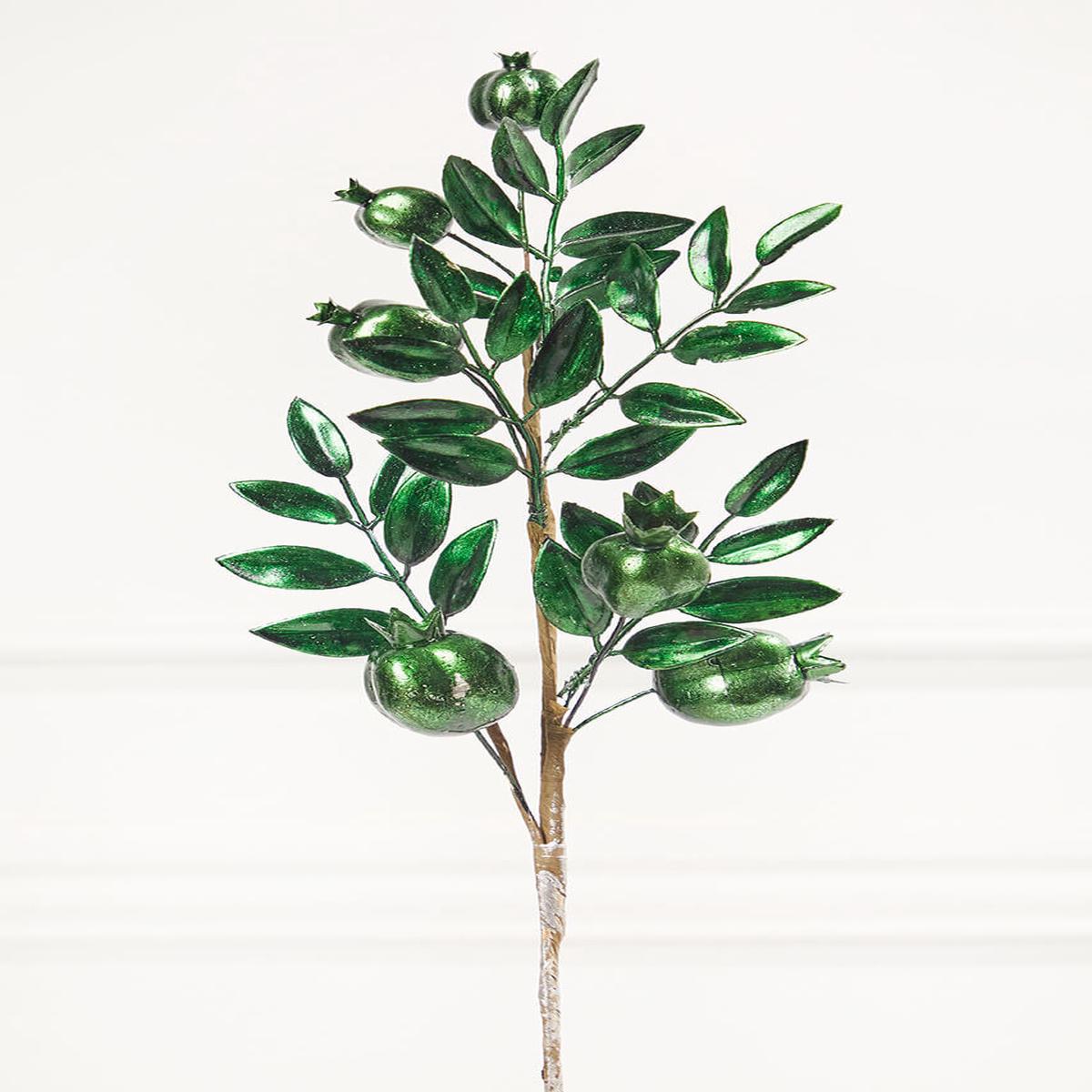 26 Inch Dark Green Metallic Pomegranate Stem  Luminous Forest Elegance for Festive Holiday Dcor
