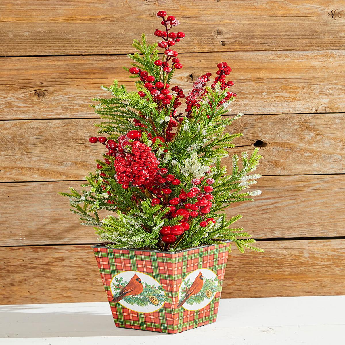 26 Inch Frost Weatherproof Berry Mini Spruce Tree in Pot Indoor Outdoor Christmas Decor Cardinal Themed Holiday Tabletop Accent