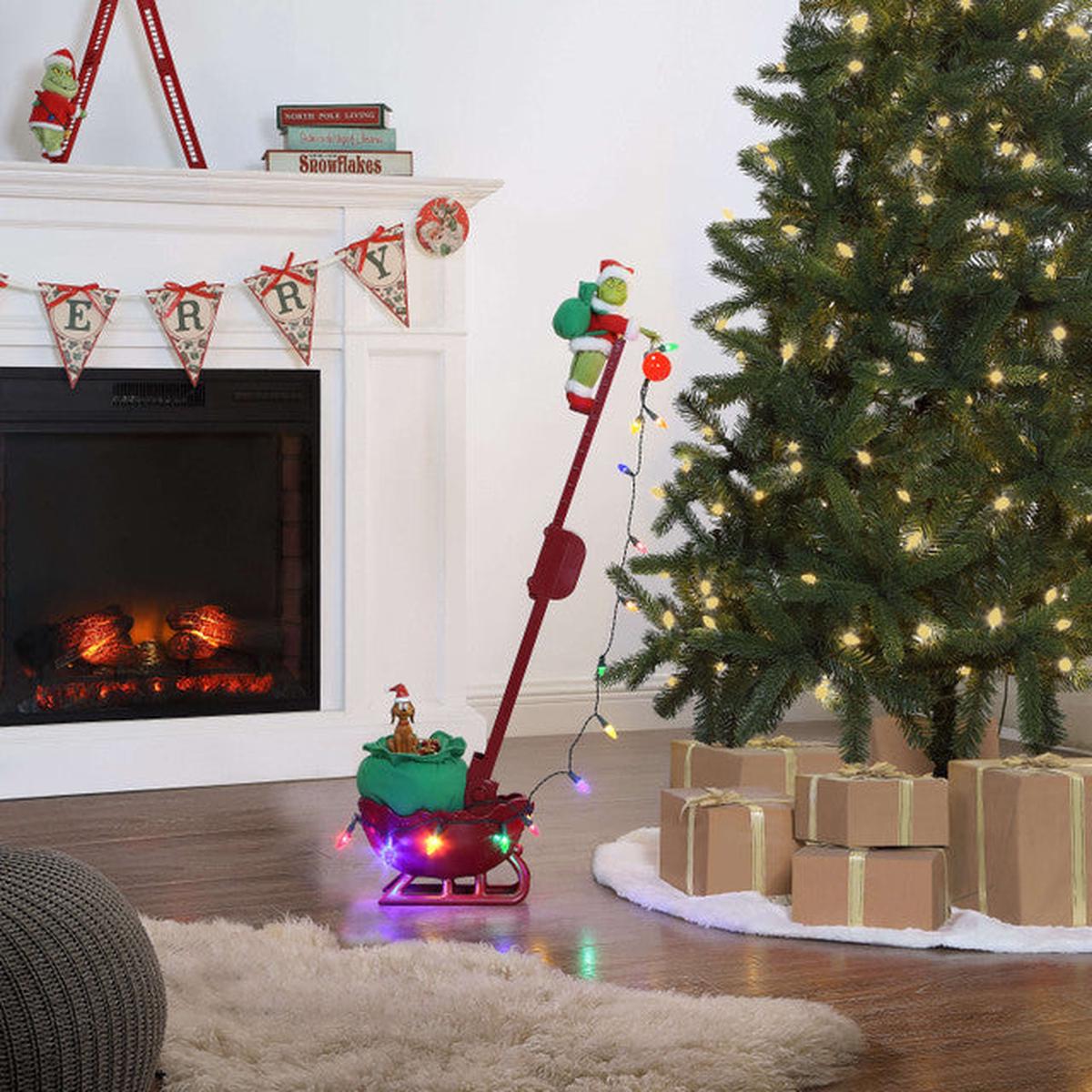 34 Inch Grinch Utility Sleigh Animated Holiday Christmas Display with Music Lights