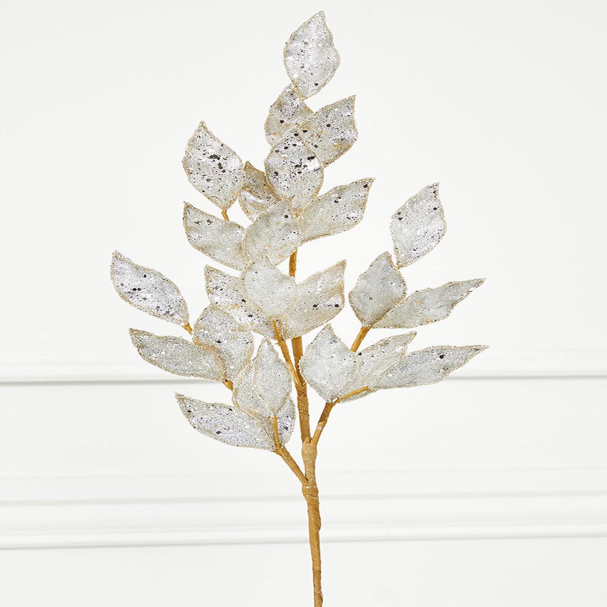 Platinum Beaded Bay Leaf Spray 29 Inch Glitter Christmas Decor