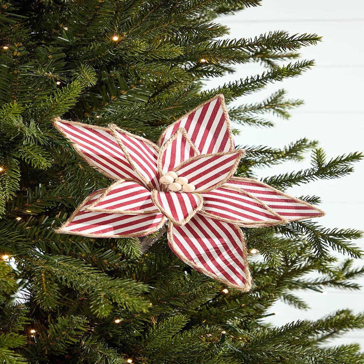 Red White Striped Poinsettia Stem 20 Inch Christmas Floral Decor