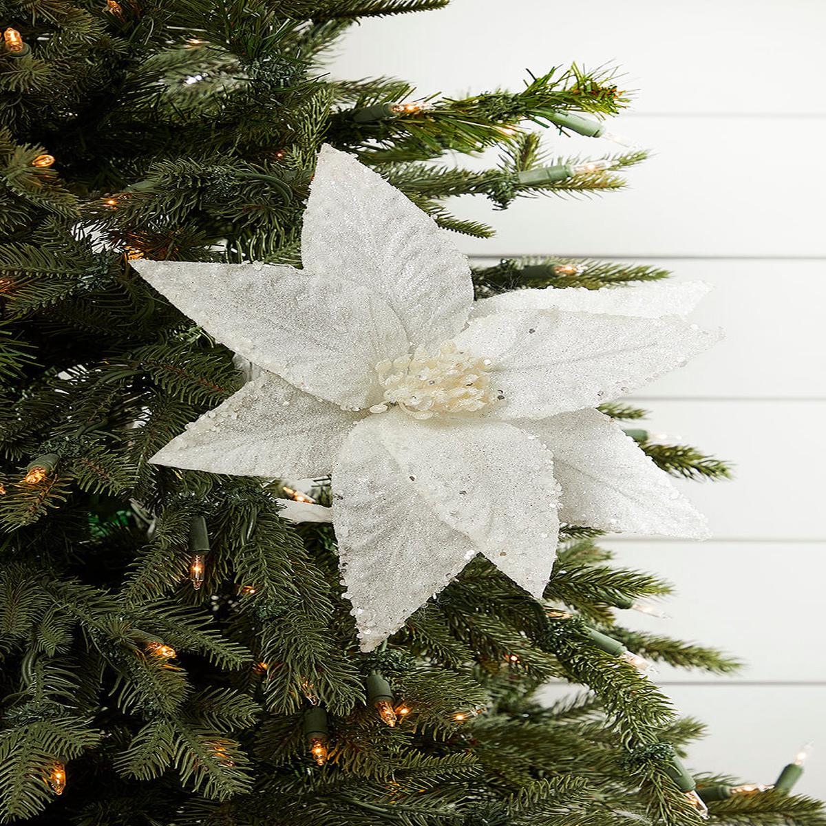 White Glitter Poinsettia Stem 26 Inch Christmas Floral Decoration