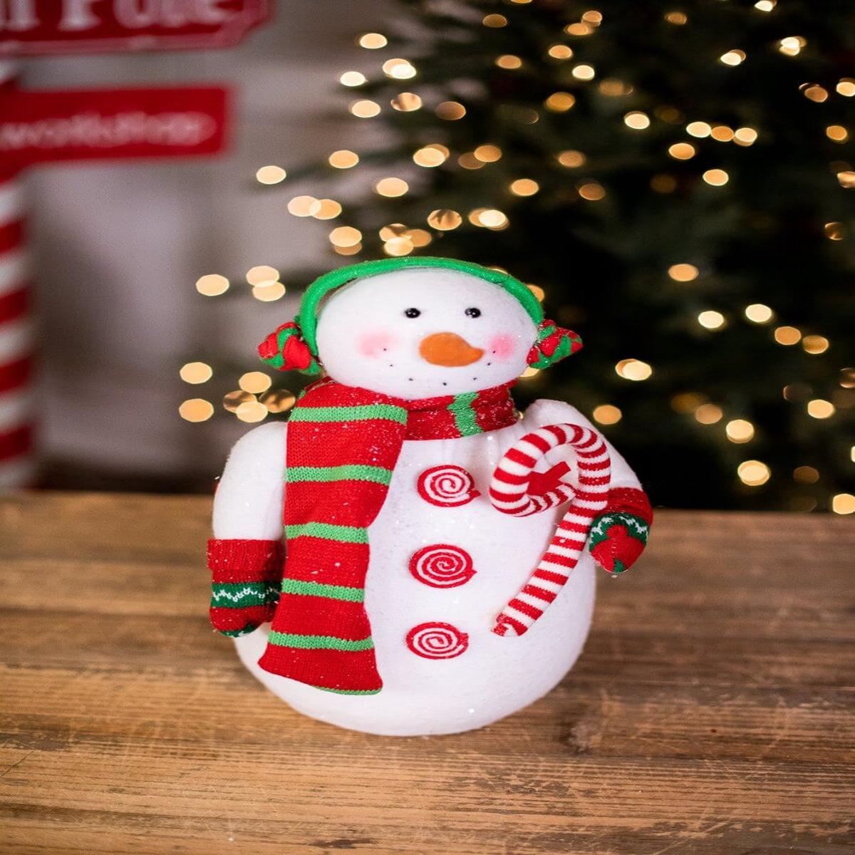 15-Inch Snowman With Candy Cane Whimsical Holiday Deco