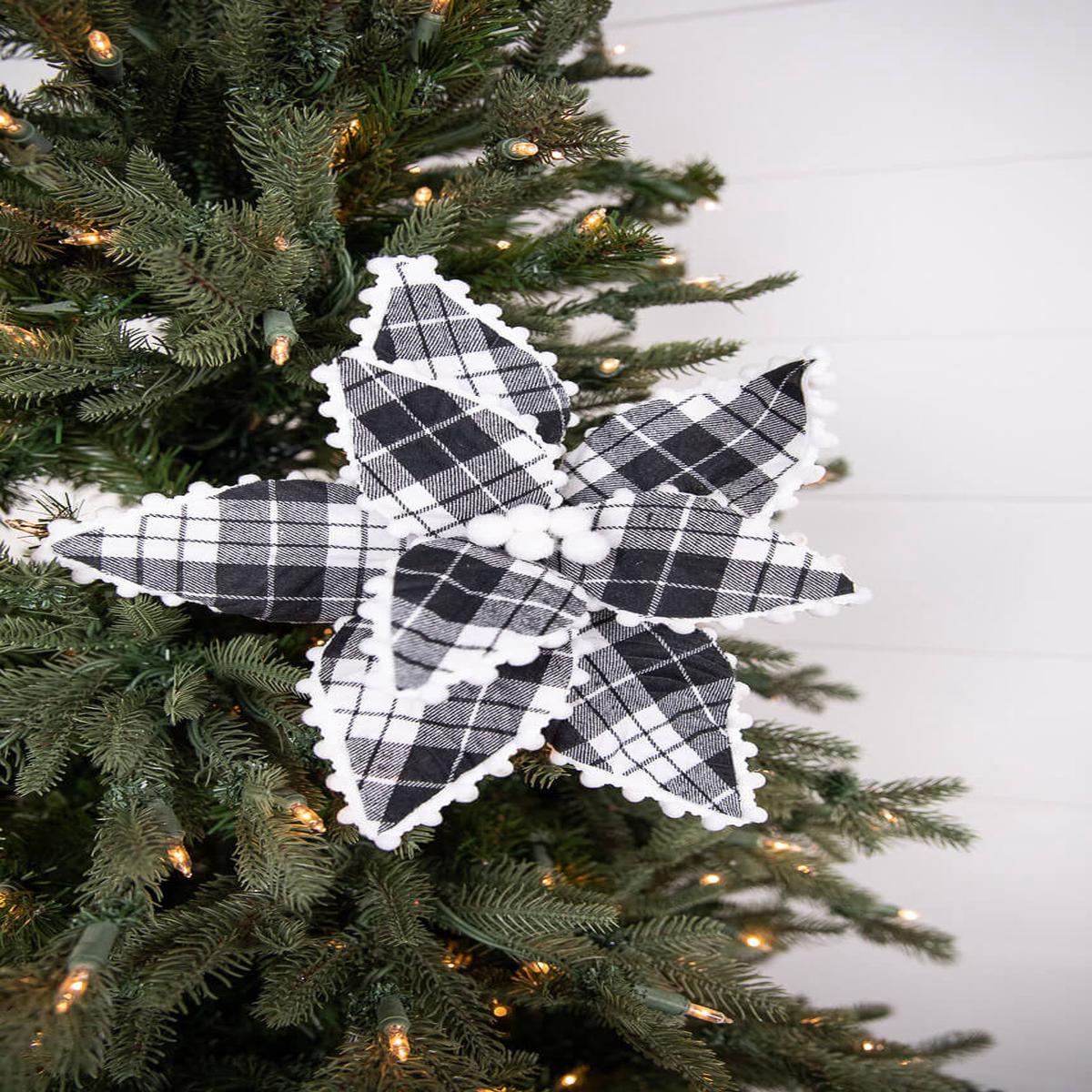 17 Inch x 12 Inch Plaid Ricrac Poinsettia Stem