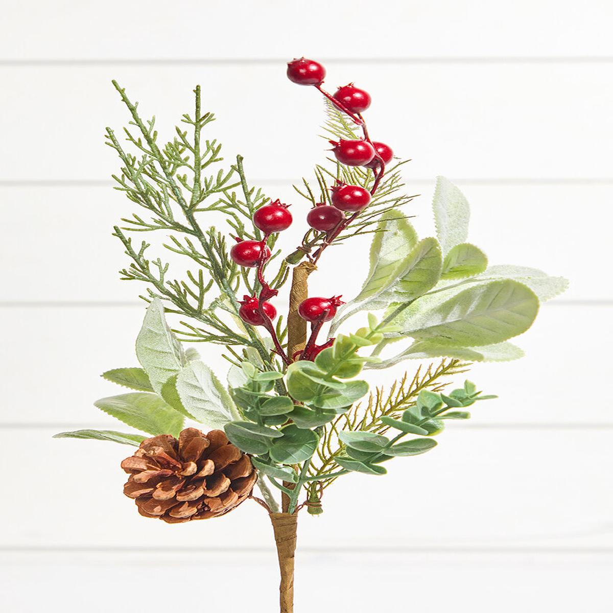 18 Inch Berry and Holly Pine Pick Decorative Christmas Greenery Stem