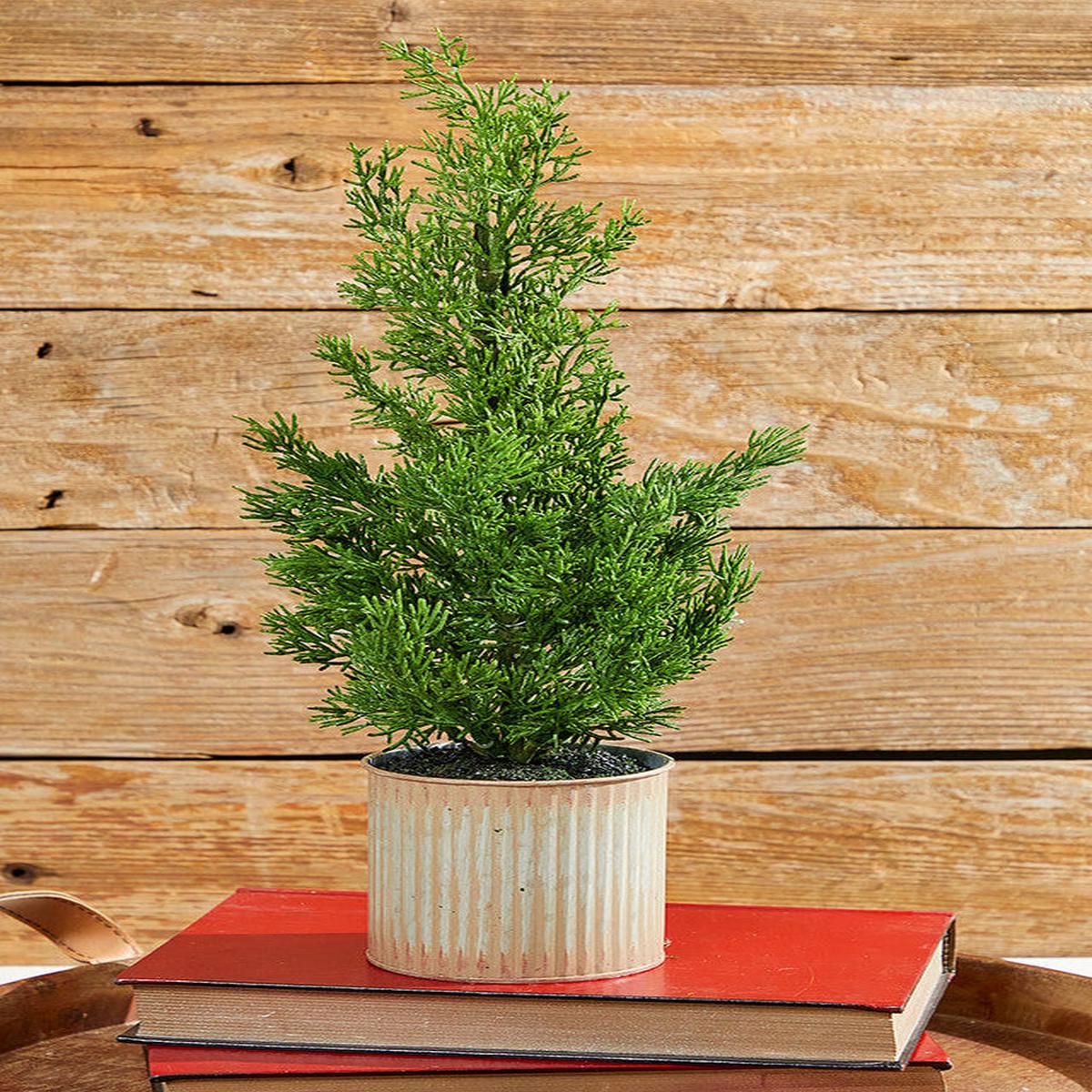 18-Inch Cypress Tree in Tin Pot Winter Woodland Decor Accent