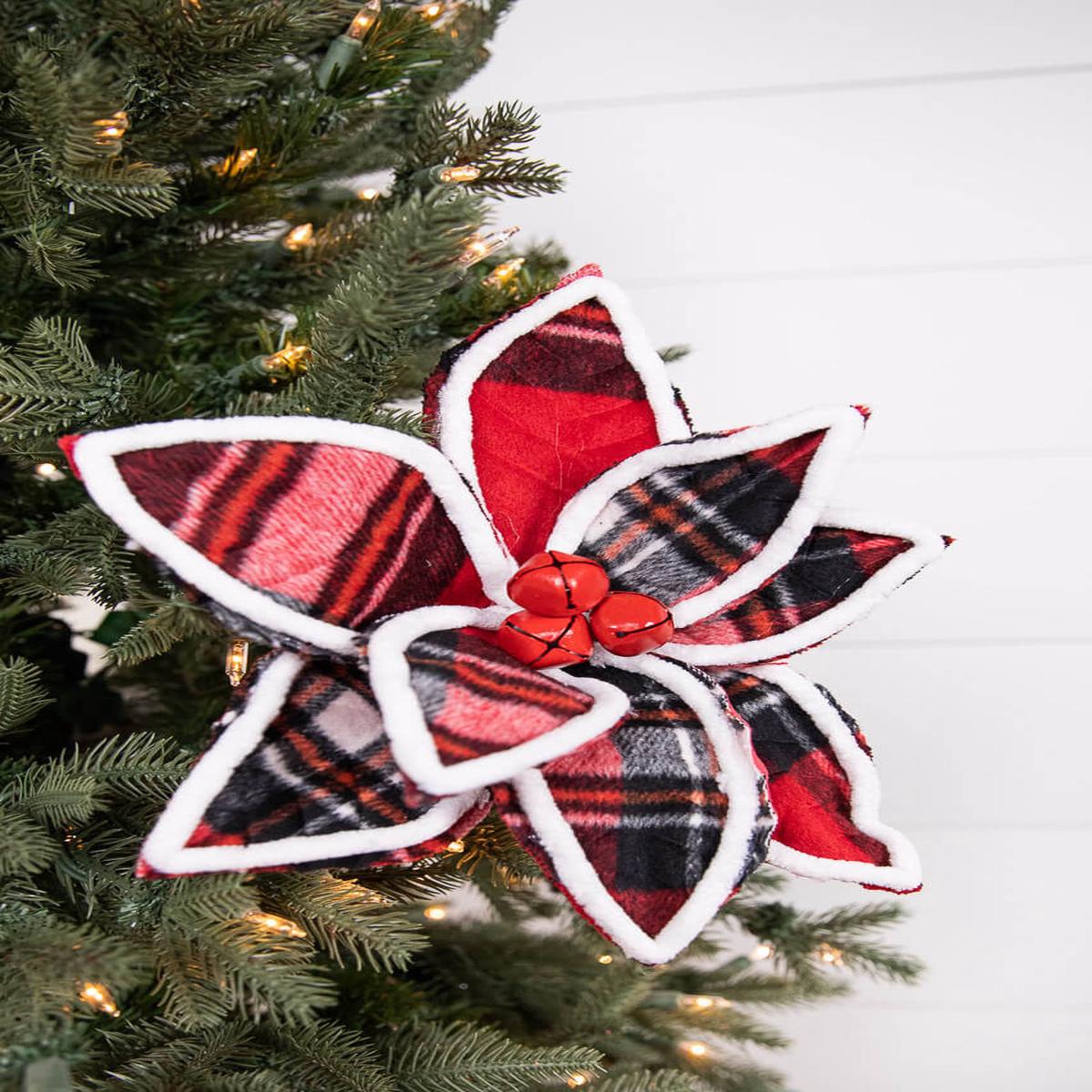 22 Inch Red and Black Plaid with Red Bells Poinsettia Stem