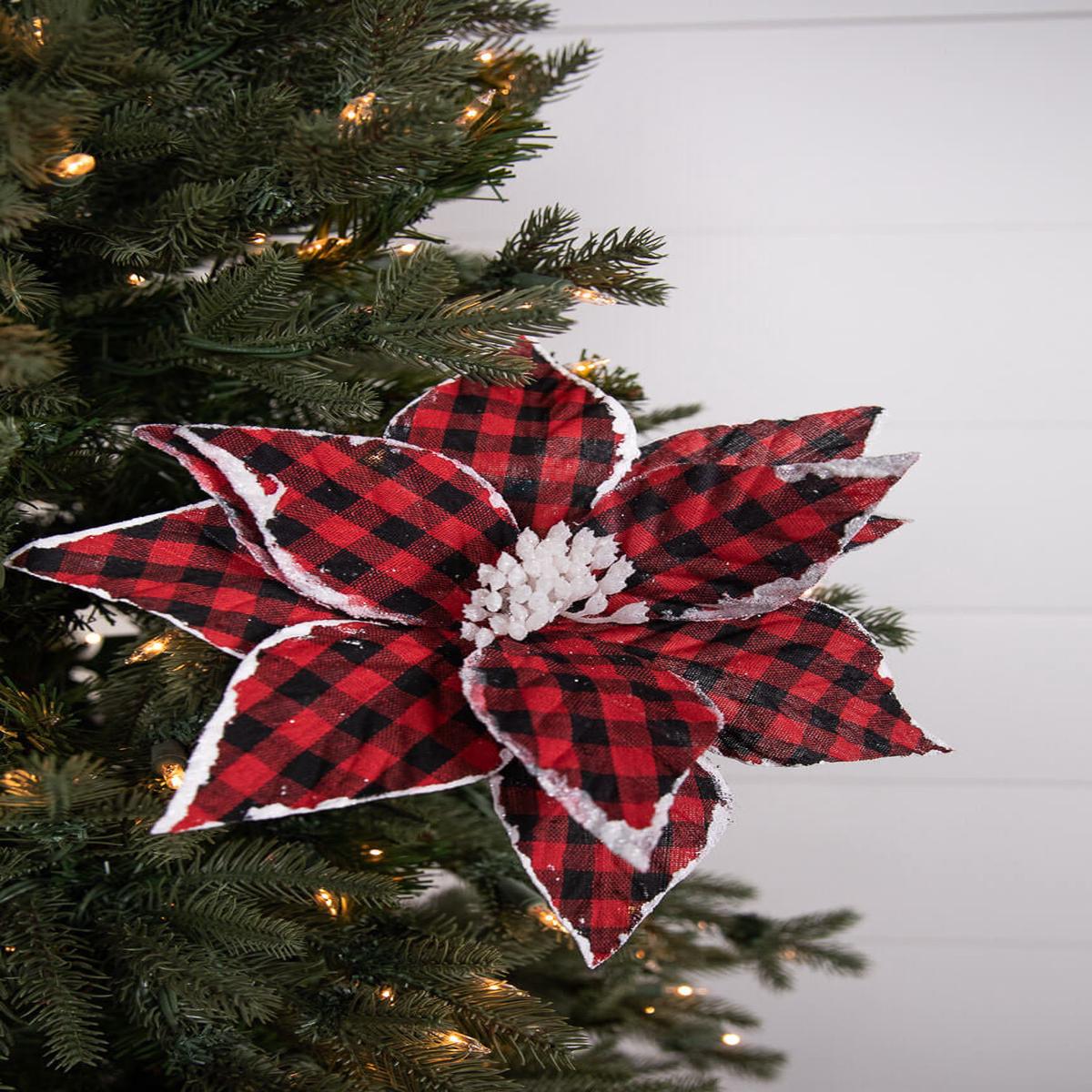 22 Inch x 11 Inch Red and Black Plaid Poinsettia Stem