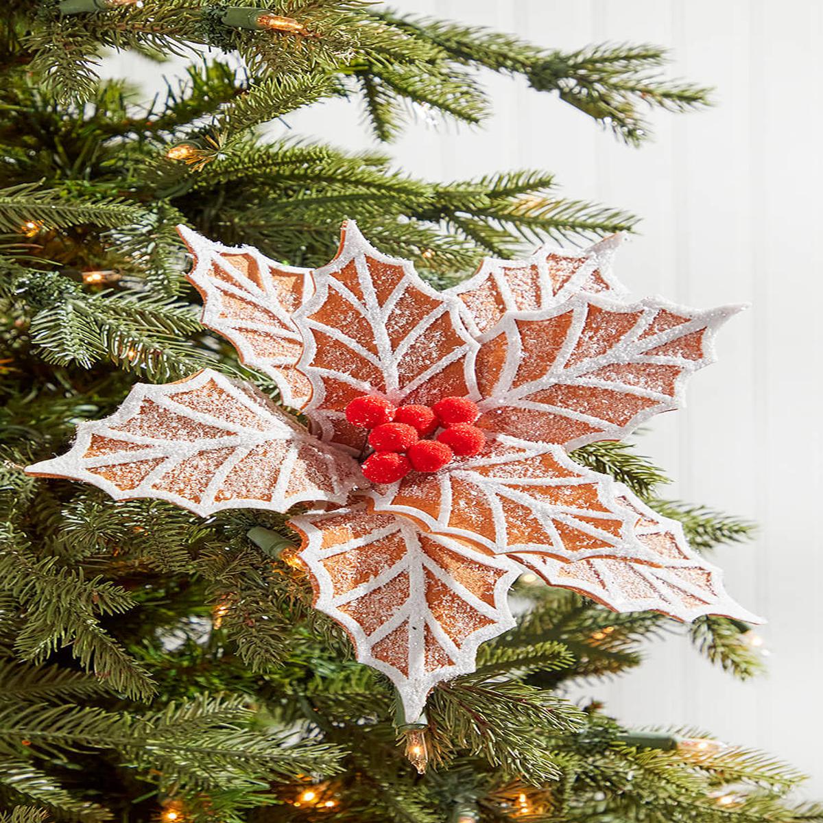22 Inch x 12 Inch Ginger and White Frosted Poinsettia Stem with Red Berries