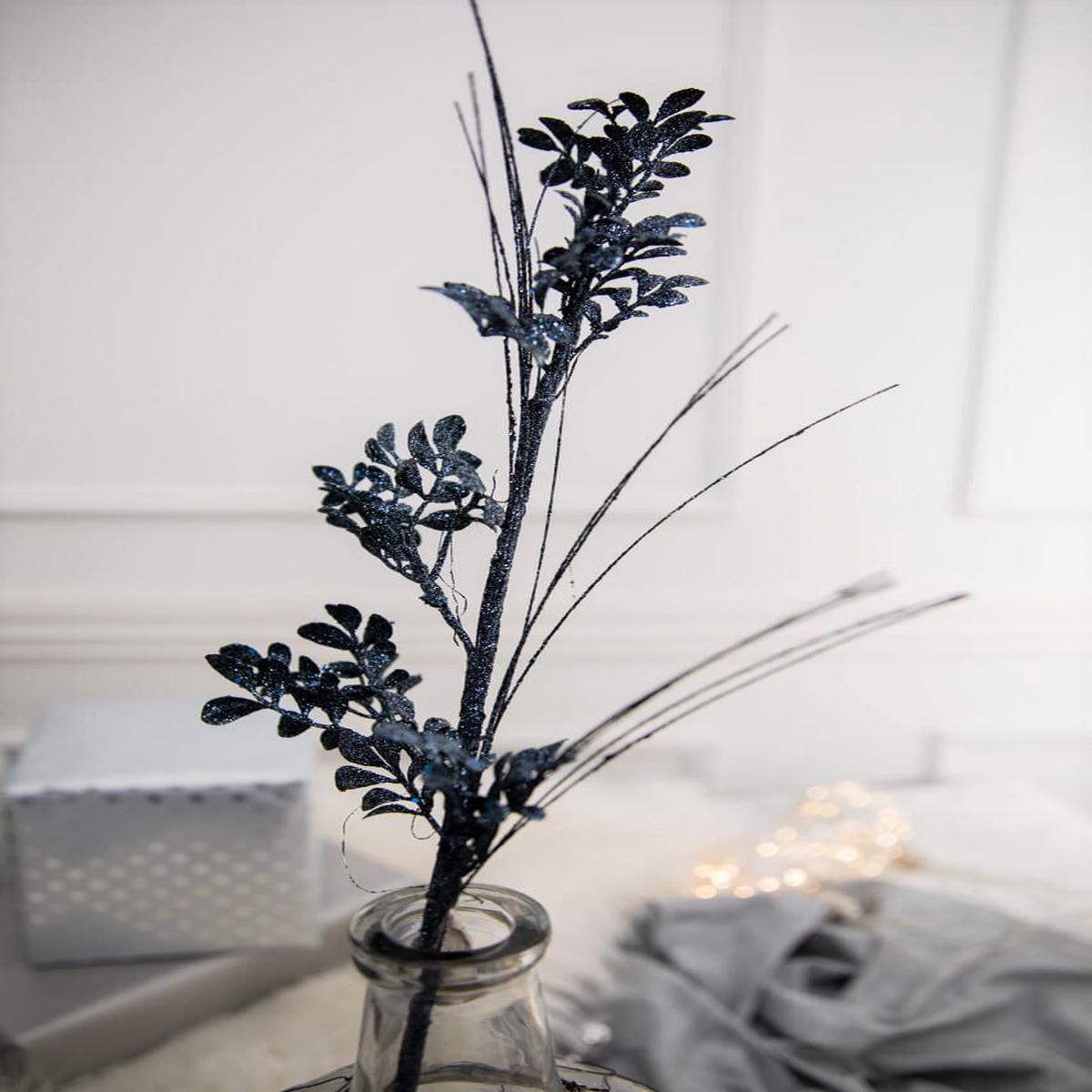 27 Inch Glitter Sequin Boxwood Grass Christmas Spray Midnight Blue Decorative Stem