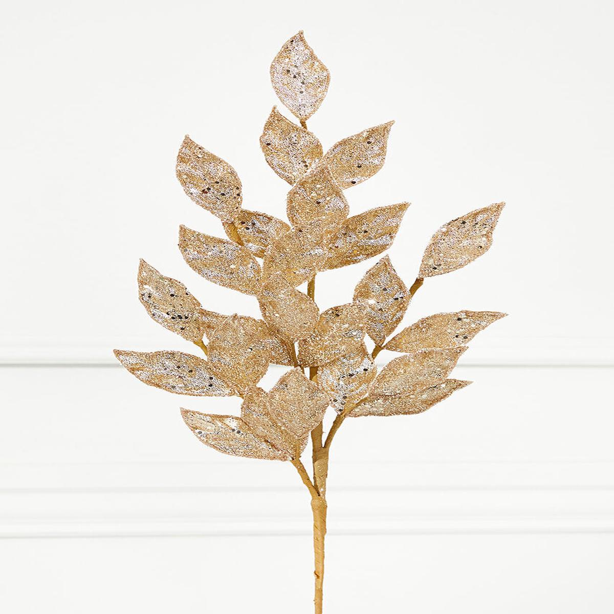 29 Micro Beaded Sequins Bay Leaf Spray Champagne/Gold Christmas Decorative Stem