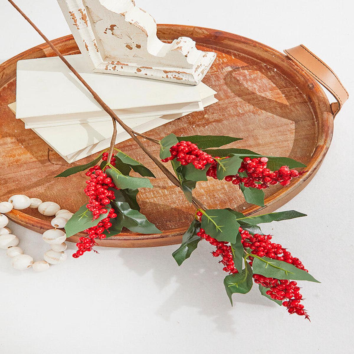 30 Inch Red & Green Leaf Berry Spray  Farmhouse Christmas Warmth & Rustic Elegance