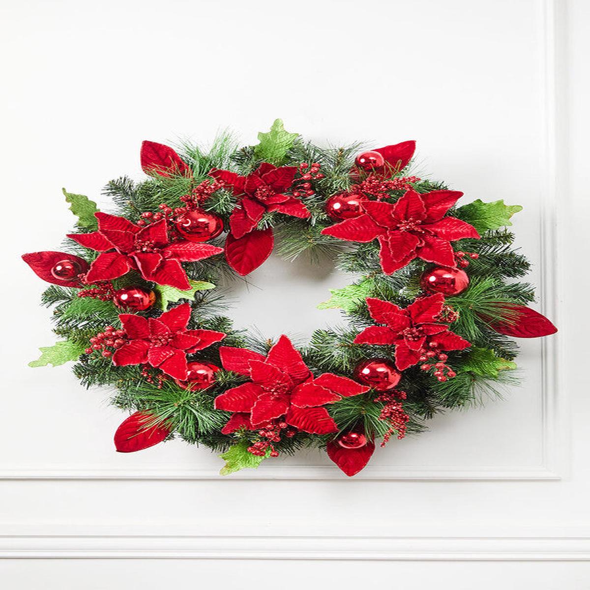32 Pine Wreath with Poinsettias Ball Ornaments & Glitter Berries Festive Christmas Door Dcor