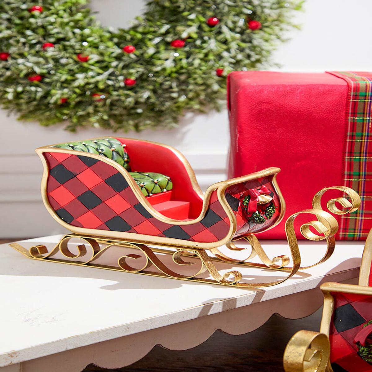 Red Holiday Sleigh Decor Set with Gold Accents