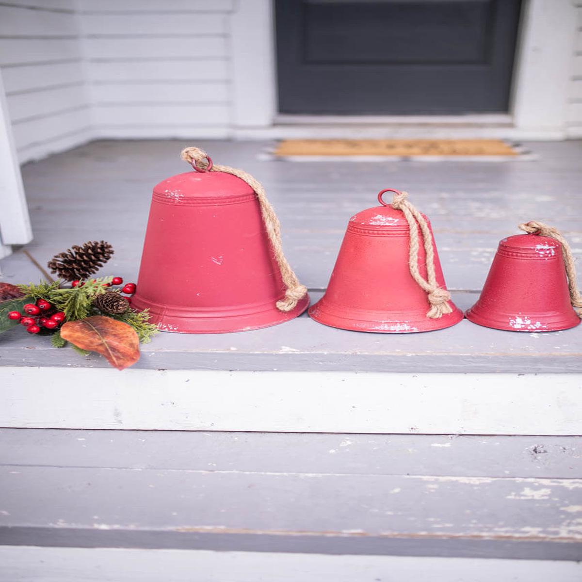 Red Tin Bells Set of 3 Rustic Farmhouse Christmas Hanging Decorative Bells Holiday Accent