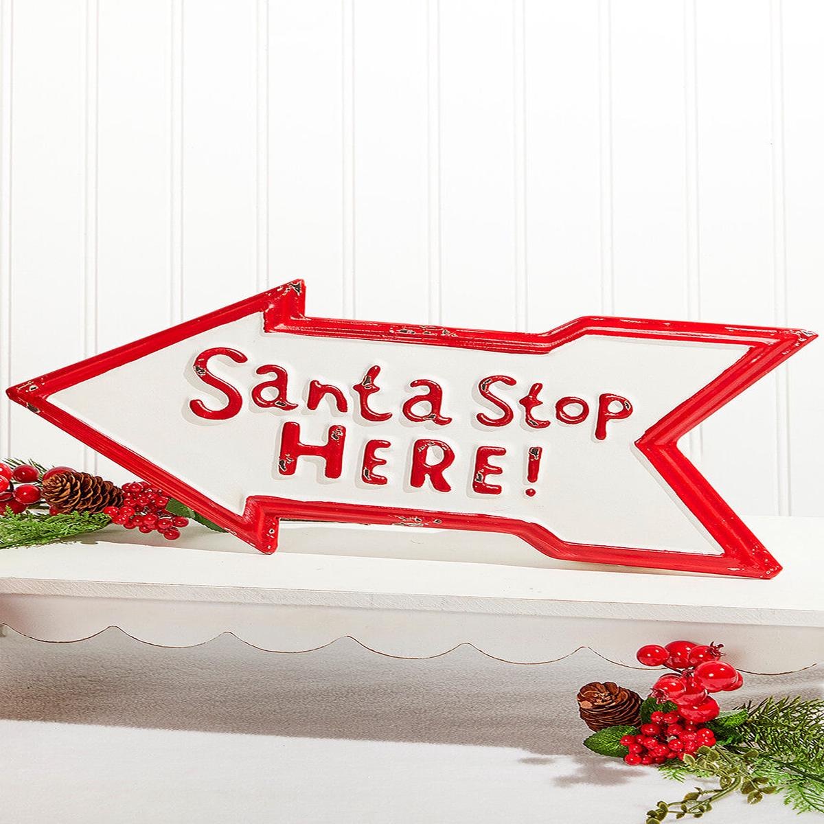 Santa Stop Here Metal Sign 17x9 Inch Christmas Wall Decor