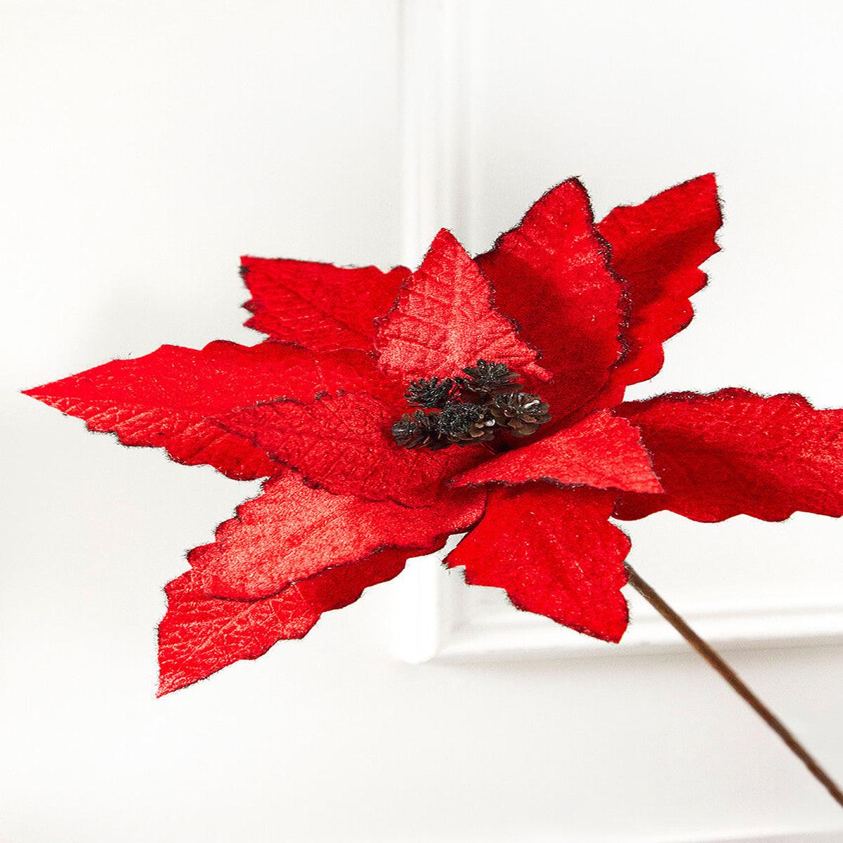 Velvet Red Poinsettia Stem 22 Inch Christmas Floral Decor