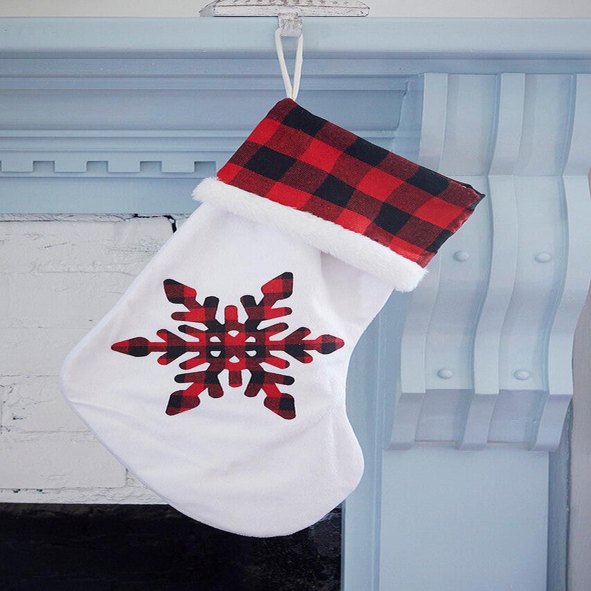 White Stocking with Buffalo Check Snowflake Christmas Holiday Mantel Decor