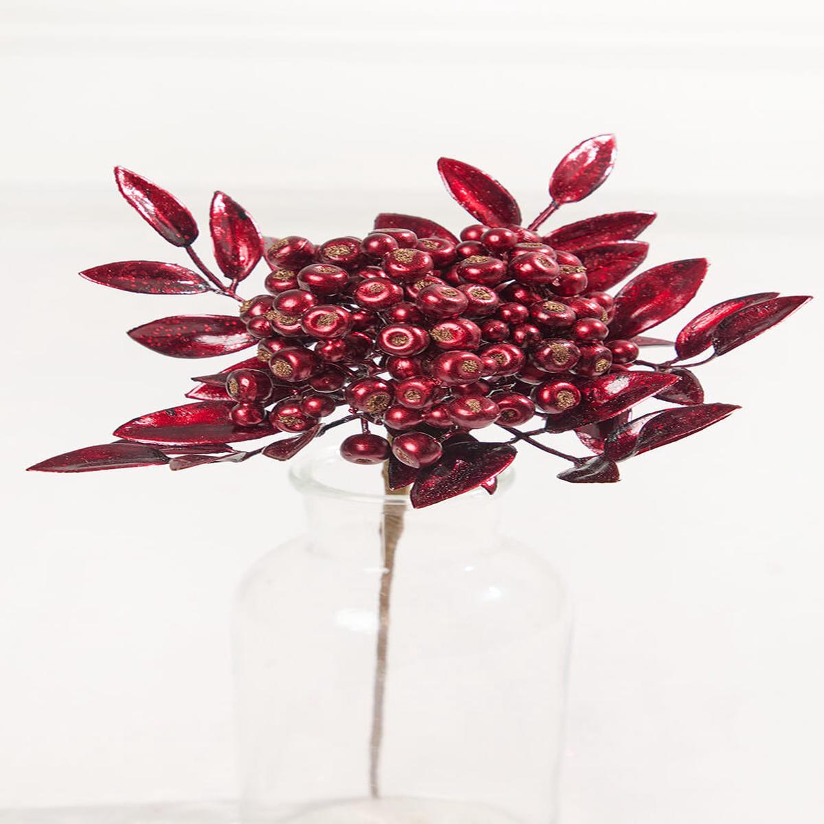 14 Inch Burgundy Metallic Berry Bunch Stem Christmas Decor