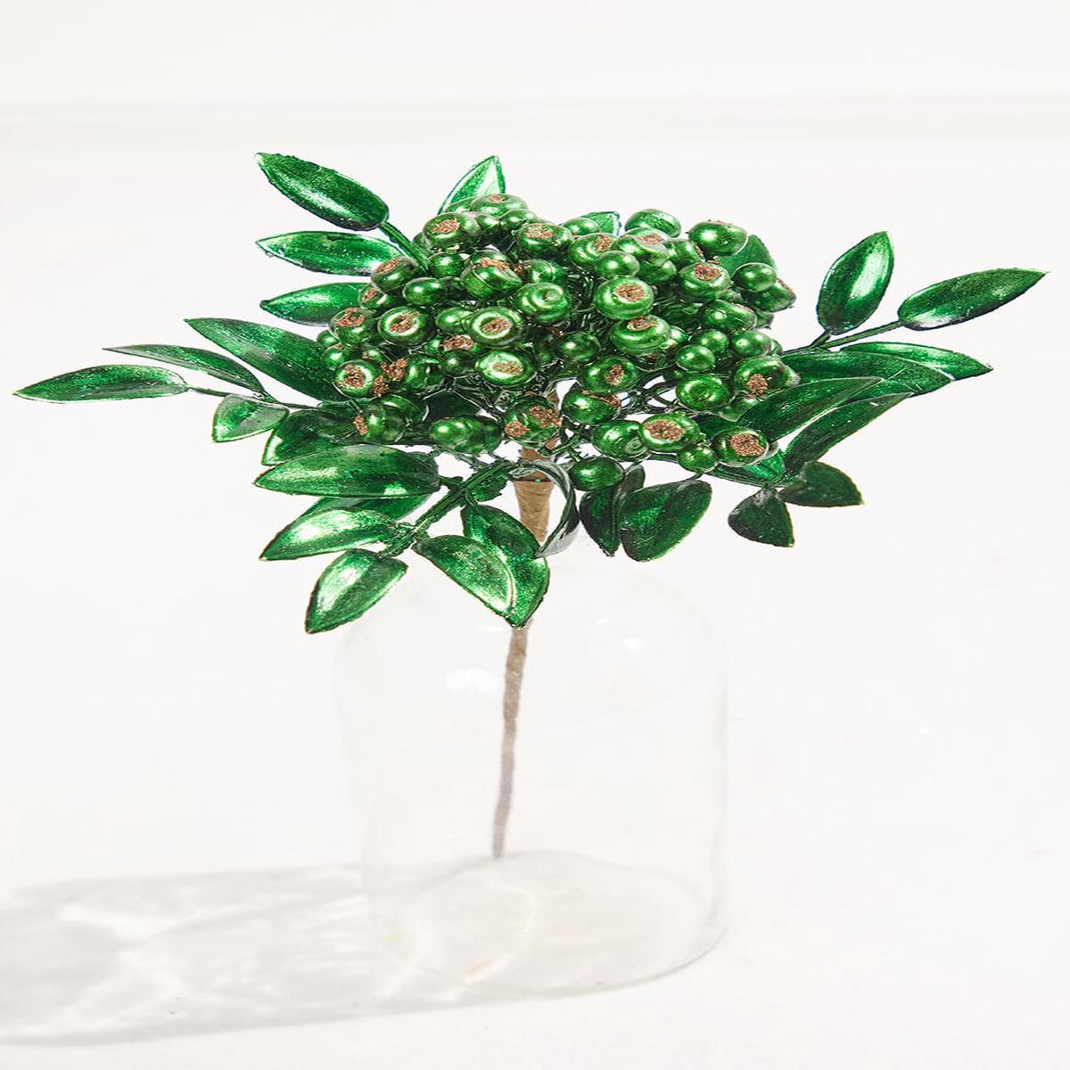 14 Inch Dark Green Metallic Berry Bunch Stem Christmas Decor