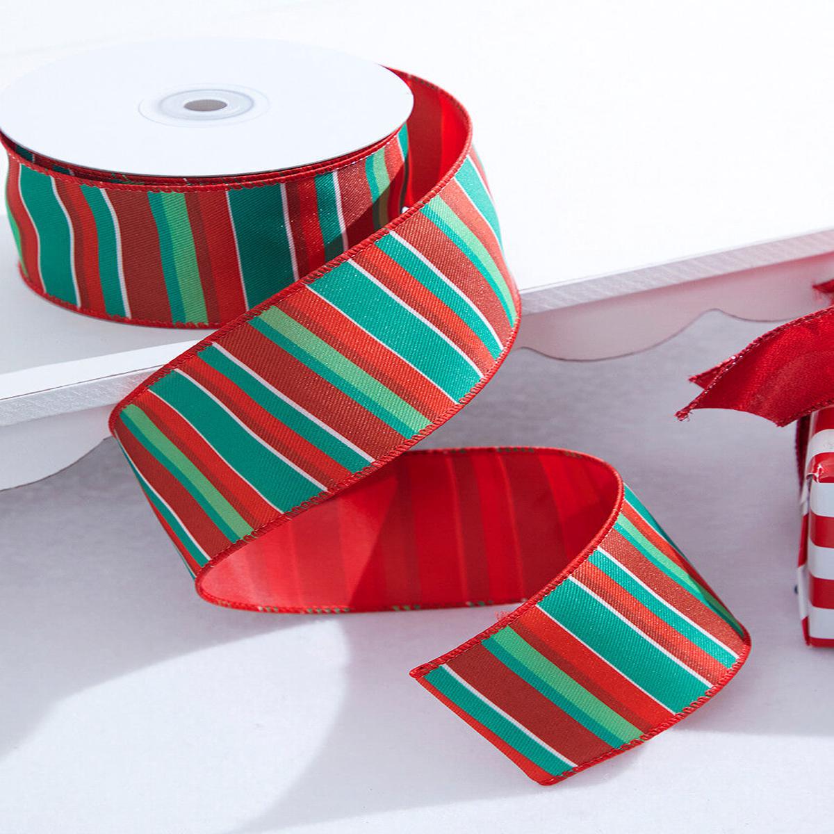 2.5-Inch Red Green Stripe Wired Ribbon 10 Yard Holiday Decor