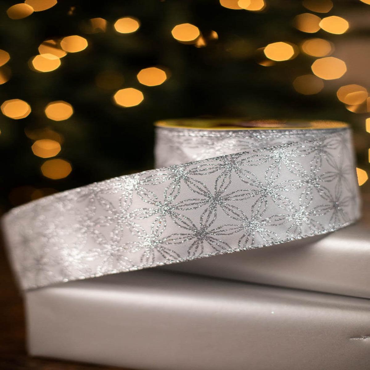 2.5 Inch x 10 Yard Silver Snowflakes on White Ribbon